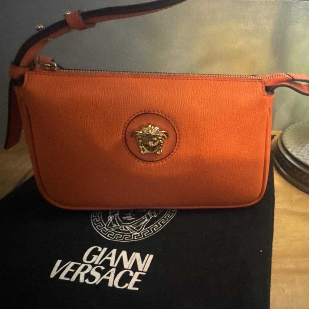 Versace Orange Pebbled Shoulder Bag Zip Closure Medusa Logo w/ Dust Bag